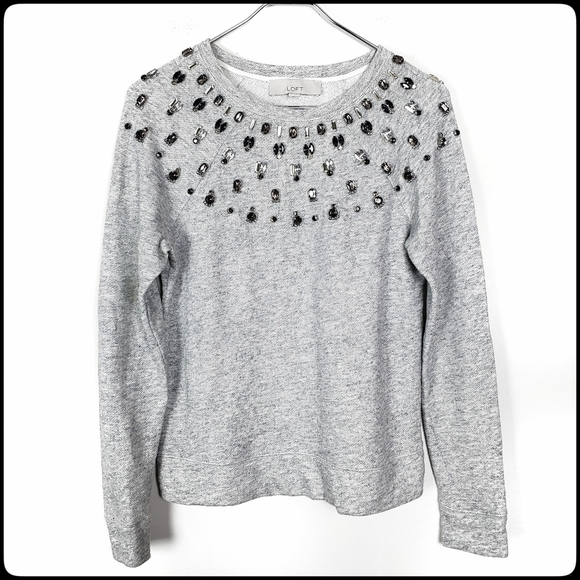 LOFT Sweaters - LOFT ANN TAYLOR Gray Jeweled Gray Scoop Neck Sweater Size: X-Small